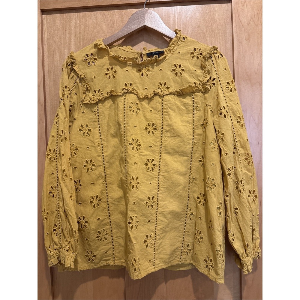 J.CREW Blouse Mustard Floral Embroidered Eyelet Long Sleeve Ruffle‎ Top Medium